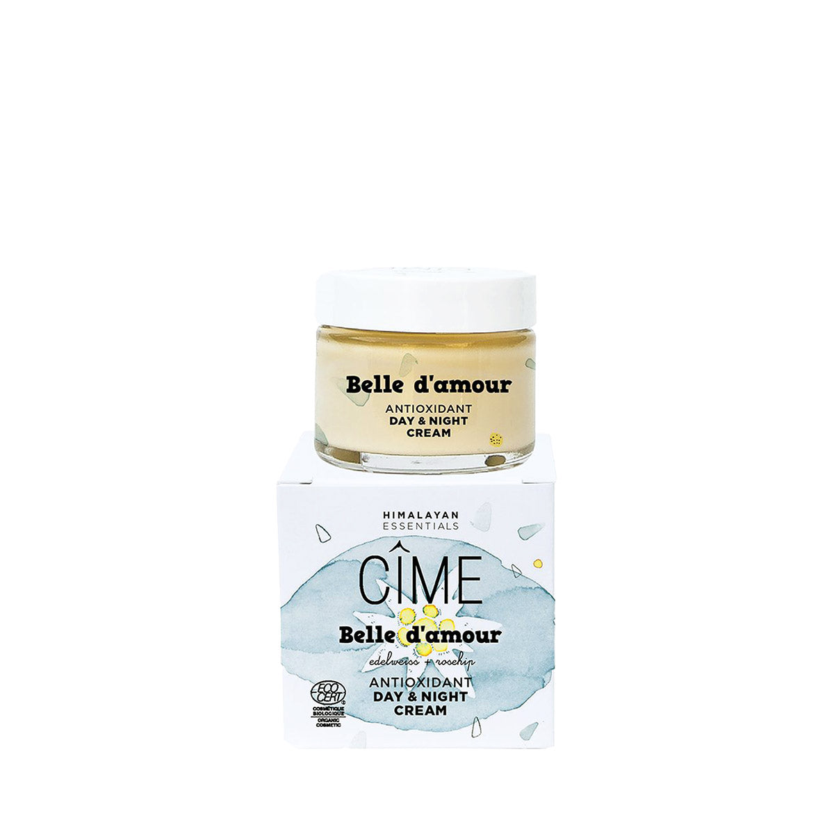 CIME Organic, natural antioxidant day and night cream made with Himalayan superfood ingredients edelweiss and wild rosehip protecting your face and neckline against UV, external stress, and premature aging.